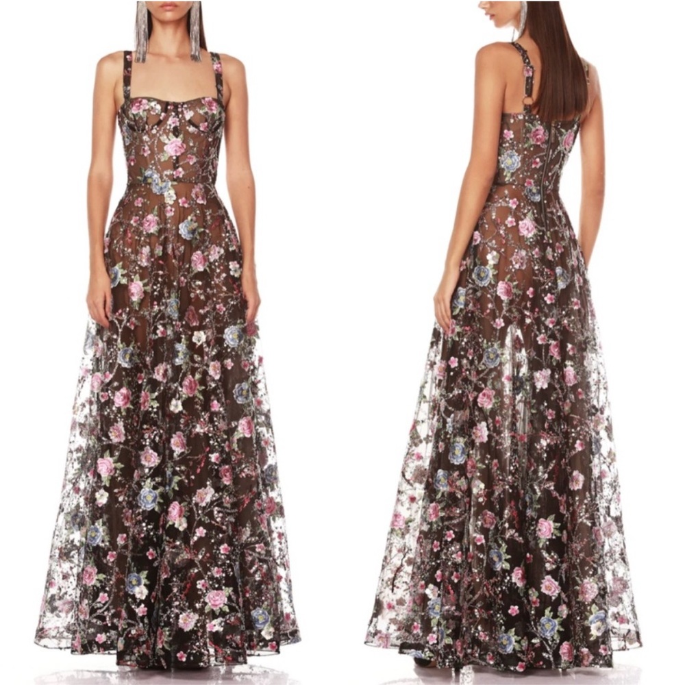 Bronx and Banco Floral Embroidered Maxi Dress Midnight Gown Pink & Blue Flower